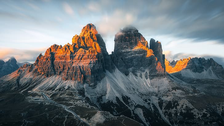Italy, Three Peaks of Lavaredo, clouds, sky, mountains, snow, HD wallpaper