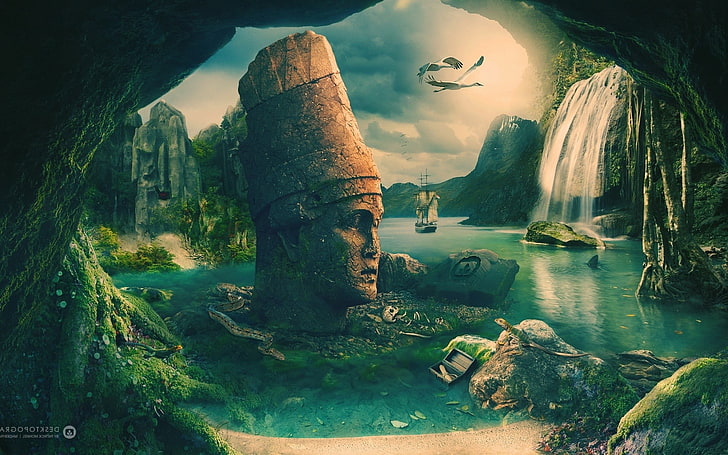 waterfall, statue, ghost ship, Fantasy, nature, solid, representation