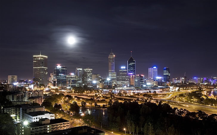 cityscape, night, Perth, Australia, light trails, city lights