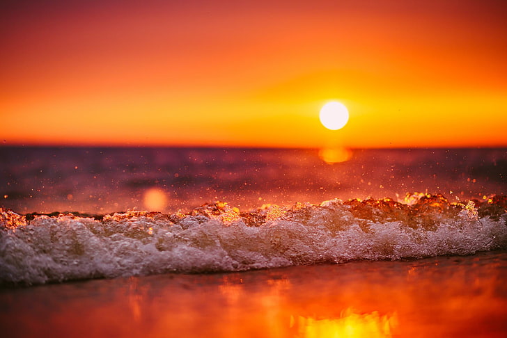body of water, waves, sunset, beach, tilt shift, sea, dusk, nature, HD wallpaper
