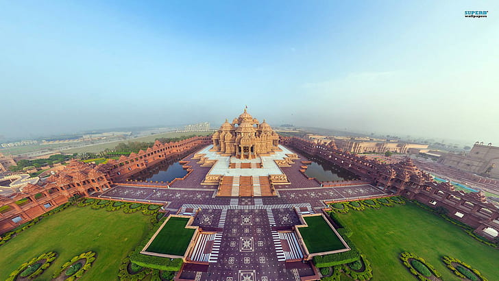 Awesome Akshardham Temple In Delhi India, ponds, gardens, city, HD wallpaper