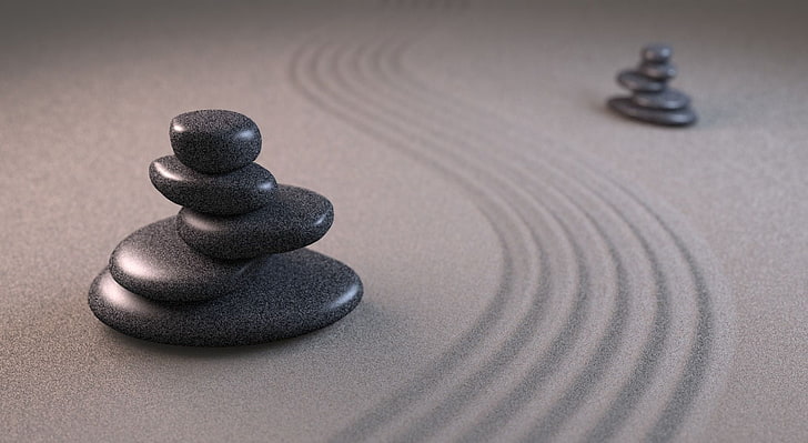 grey zen stacked stones, art, sand, pyramid, lines, grooves, zen-like, HD wallpaper