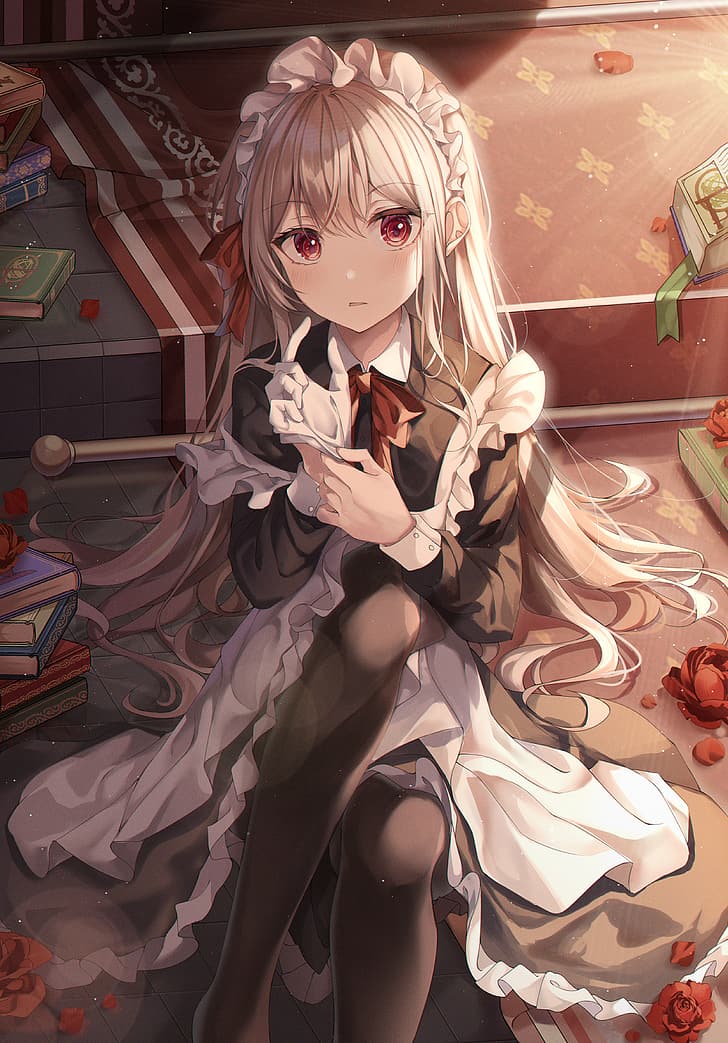 maid outfit, white hair, red eyes