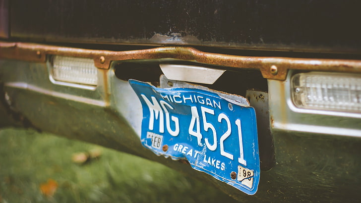 Michigan, licence plates, old car, text, western script, communication
