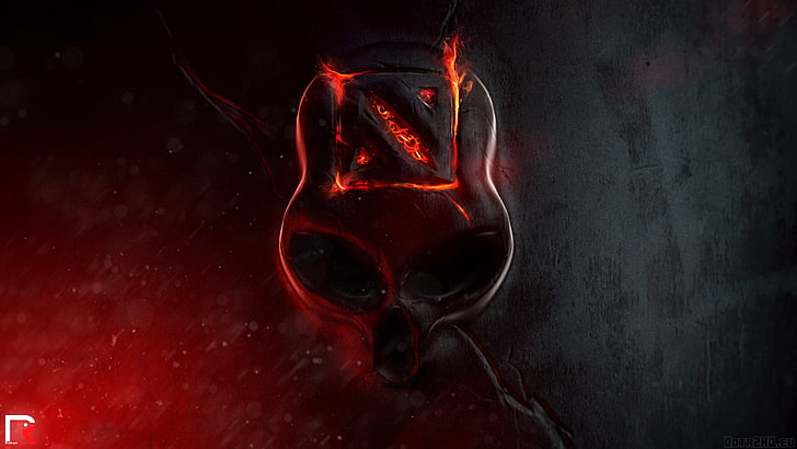 grey skull with fire logo, dota 2, red, black Color, spooky, dark
