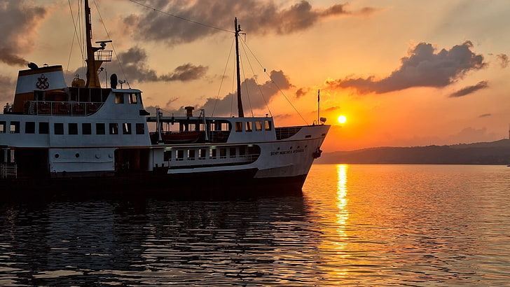 white and black cruise ship, Istanbul, sea, sunset, Turkey, sunlight