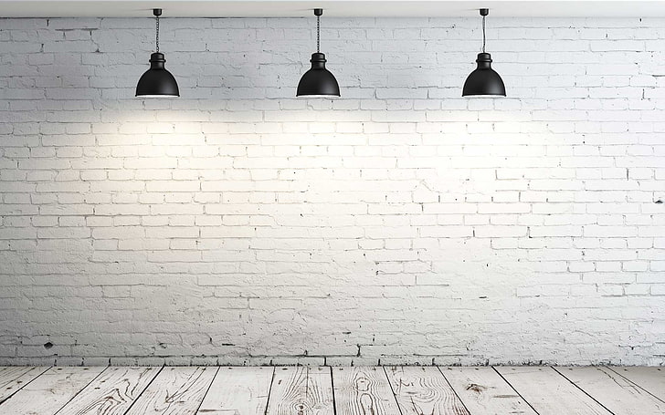 three black pendant lamps, room, simple, white, wooden floor, HD wallpaper