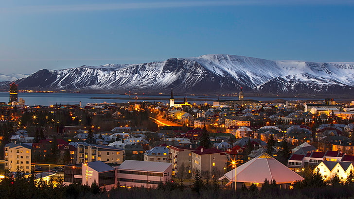 sky, reykjavik, winter, snow, mountain, urban area, esjan, cityscape