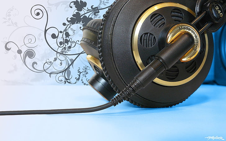 black and yellow corded power tool, headphones, AKG, close-up, HD wallpaper