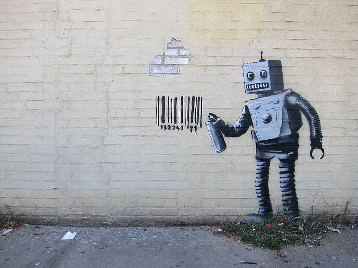 Banksy, graffiti, concrete, wall, urban, robot, barcode, street art
