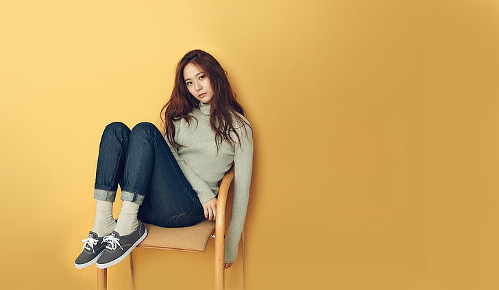 Krystal, Asian, jeans, one person, portrait, beauty, yellow, HD wallpaper