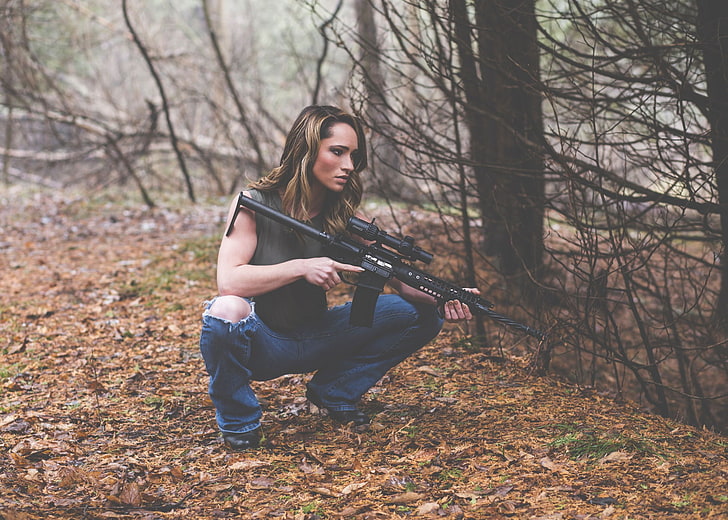 Chris K, girls with guns, Cheyenne Mykel, AR-15, AR15, tree, HD wallpaper
