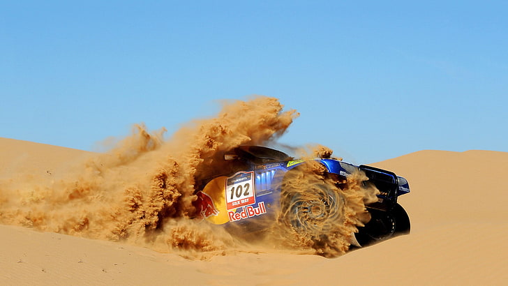 Red Bull-themed truck, rally cars, sand, Dakar Rally, Volkswagen Touareg