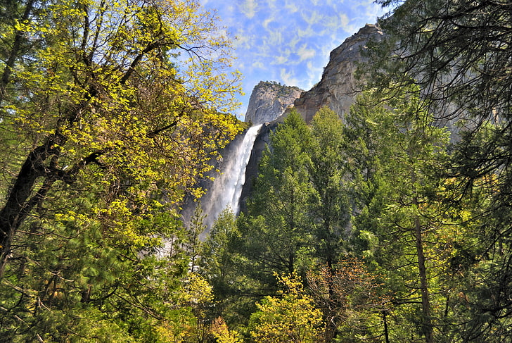 trees, mountains, rocks, waterfall, CA, USA, Yosemite National Park, HD wallpaper