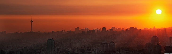 Iran, Tehran, city, Milad Tower, sunset, architecture, cityscape, HD wallpaper