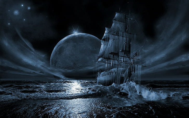 ghost ship sea, water, night, sky, long exposure, cloud - sky, HD wallpaper
