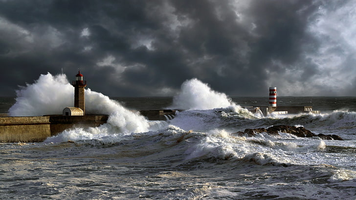 brown and red light tower, wave, the sky, clouds, storm, the ocean, HD wallpaper