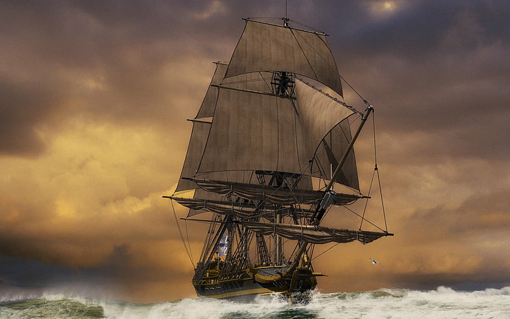 black galleon at sea painting, boat, artwork, pirates, cloud - sky