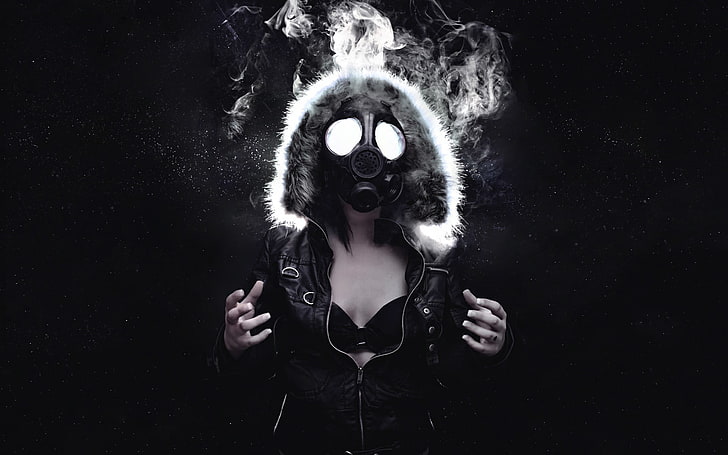 women's black leather jacket, smoke, gas masks, digital art, model, HD wallpaper