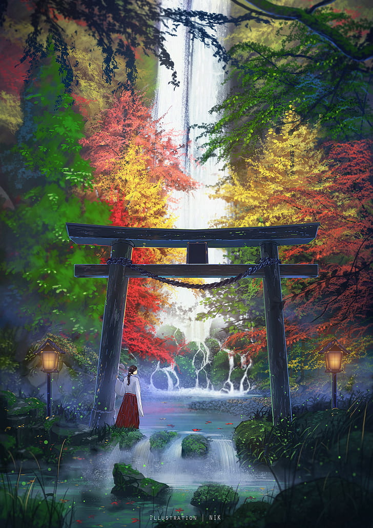 colorful, torii, lamp, digital art, portrait display, trees, HD wallpaper