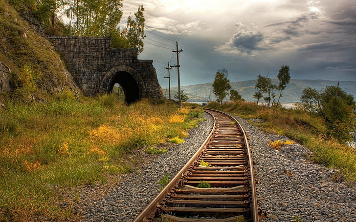 nature, grass, tunnel, railway, HDR, railroad track