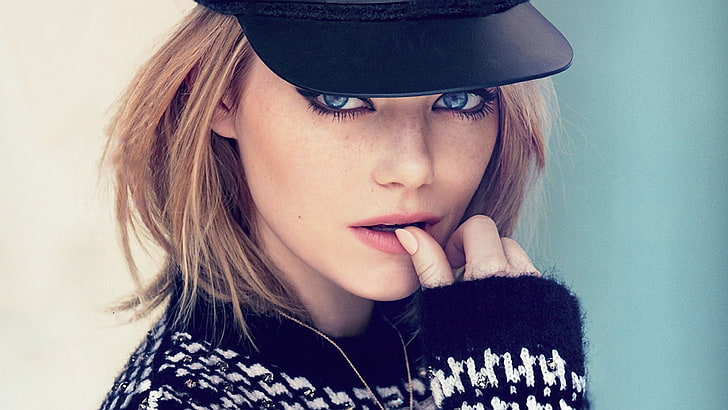black and white sweater, Emma Stone, hat, blue eyes, actress