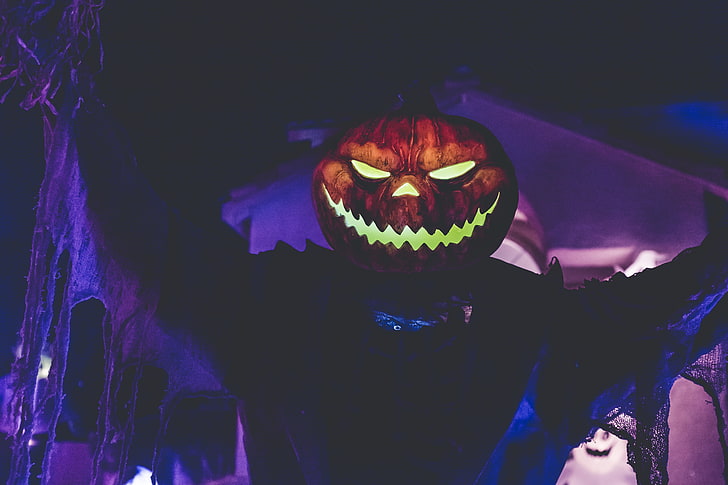 4K, Neon, Jack-o-lantern, Scary, Halloween pumpkin, HD wallpaper
