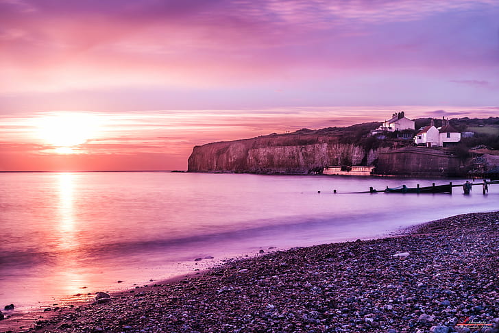 seashore during sunset, Sussex, Heritage  Coast, cliffs, dover, HD wallpaper