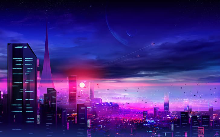 JoeyJazz, cityscape, digital painting, science fiction, cyberpunk style