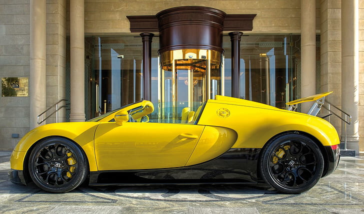Bright Veyron, sports, yellow, black, supercar, bugatti, cars, HD wallpaper