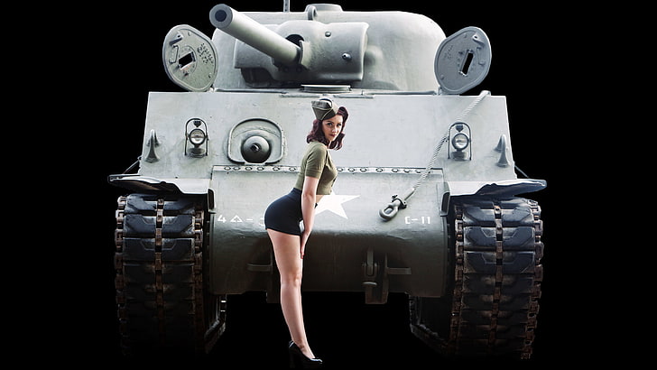 gray tank illustration, pinup models, M4 Sherman, miniskirt, crop top