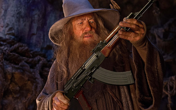 wizard holding Ak-47 illustration, Gandalf, The Lord of the Rings