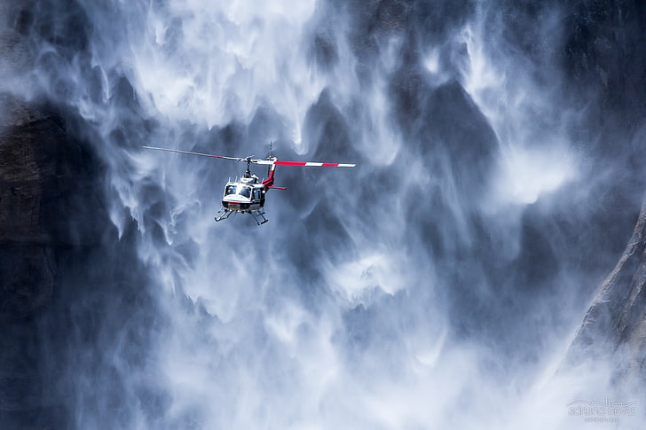 Yosemite Falls, helicopters, waterfall, flying, mid-air, air vehicle, HD wallpaper