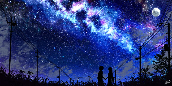 HD wallpaper: Anime, Original, Boy, Girl, Moon, Shooting Star, Starry Sky |  Wallpaper Flare