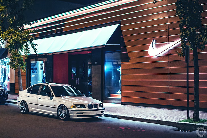 white BMW sedan, Nike, E46, stance works, 323, car, street, uSA