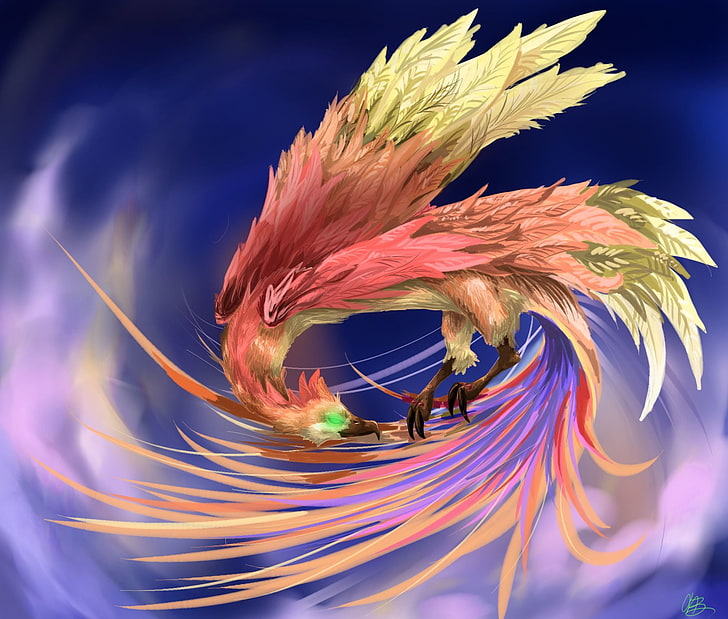red and yellow phoenix, look, bird, feathers, beak, art, tail