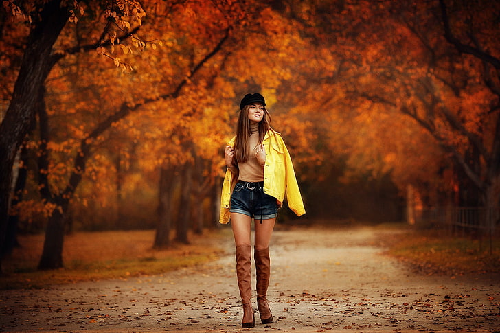 Dmitry Arhar, women outdoors, fall, trees, yellow jacket, Anastasia Barmina, HD wallpaper