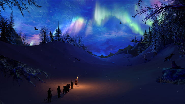 artwork, winter, Aurora, snow, fantasy art, night, landscape, HD wallpaper