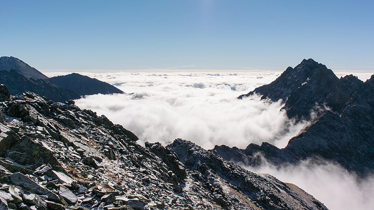 mountain with sea of clouds, nature, landscape, mountains, mist