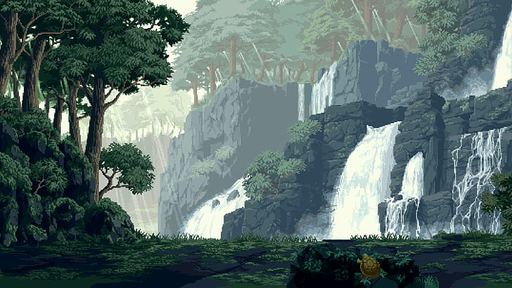 rock, landscape, pixelated, forest, pixels, trees, turtle, pixel art