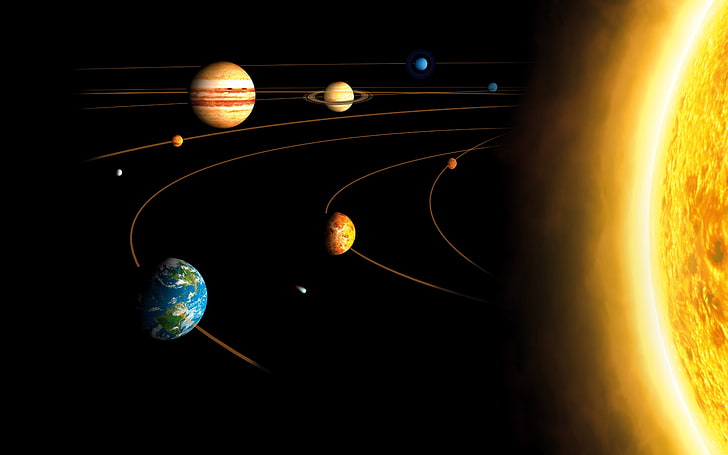 Earth, Jupiter, Mars, Mercury, Neptune, orbits, planet, Saturn, HD wallpaper
