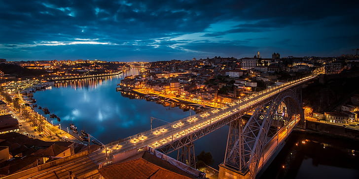 bridge, cityscape, Porto, city lights, river
