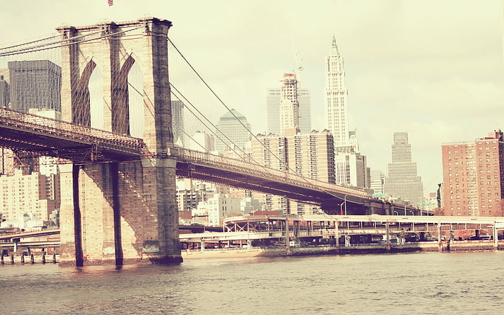 brown and gray bridge, new york, river, buildings, brooklyn Bridge, HD wallpaper