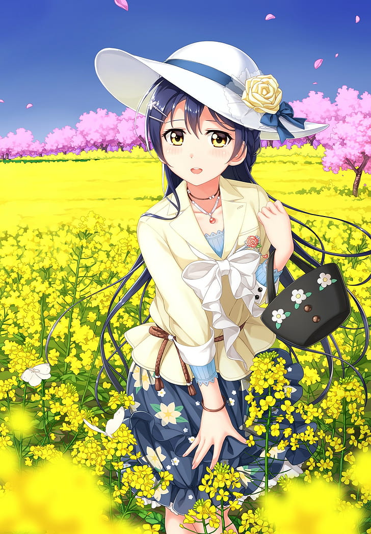 Love Live!, anime girls, Sonoda Umi, field, flowers, outdoors