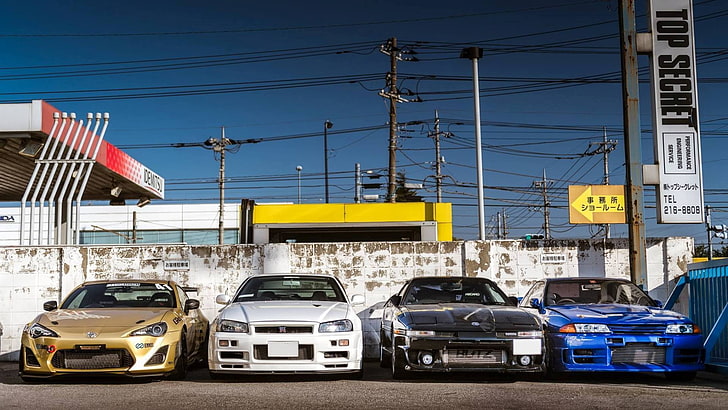 four assorted-color cars, Toyota GT-86, Toyota Supra MK3, Nissan Skyline GT-R R-32, HD wallpaper
