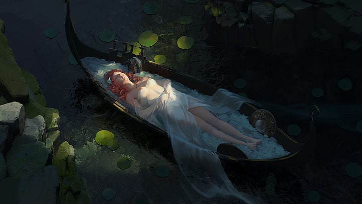 woman lying on brown canoe boat painting, digital art, women