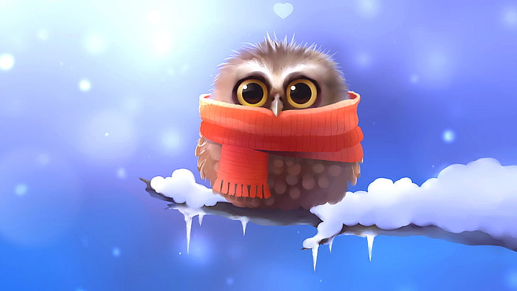 snow, bird, owl, illustration, cute, branch, scarf, little owl