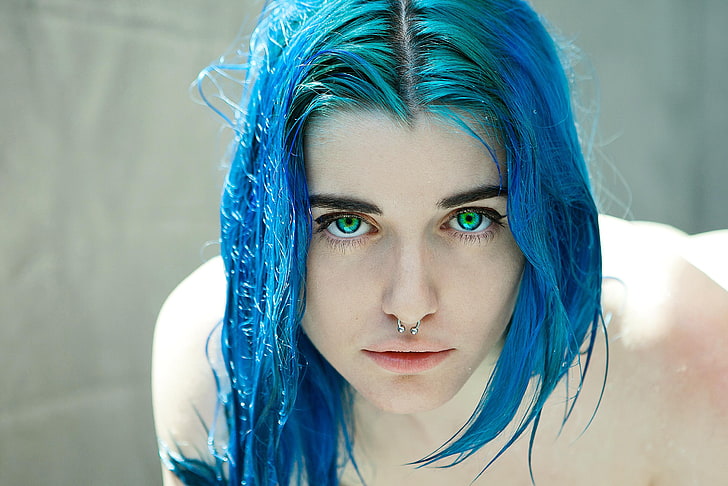 green eyes, dyed hair, nose rings, Yuxi Suicide, blue hair, HD wallpaper