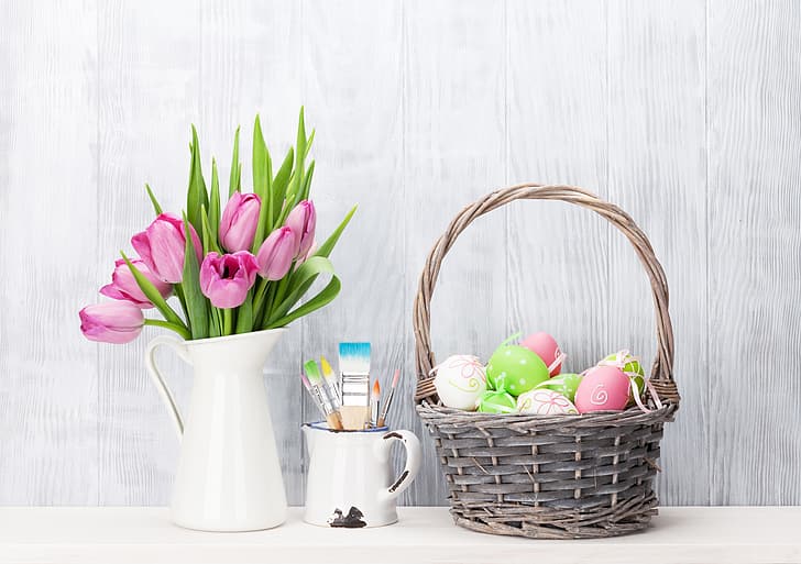 HD wallpaper: flowers, Easter, tulips, happy, pink, spring, eggs ...