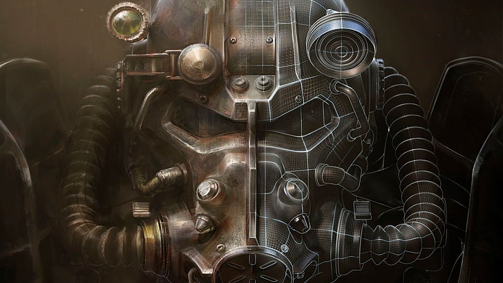 gray robot helmet wallpaper, Fallout 4, artwork, Bethesda Softworks